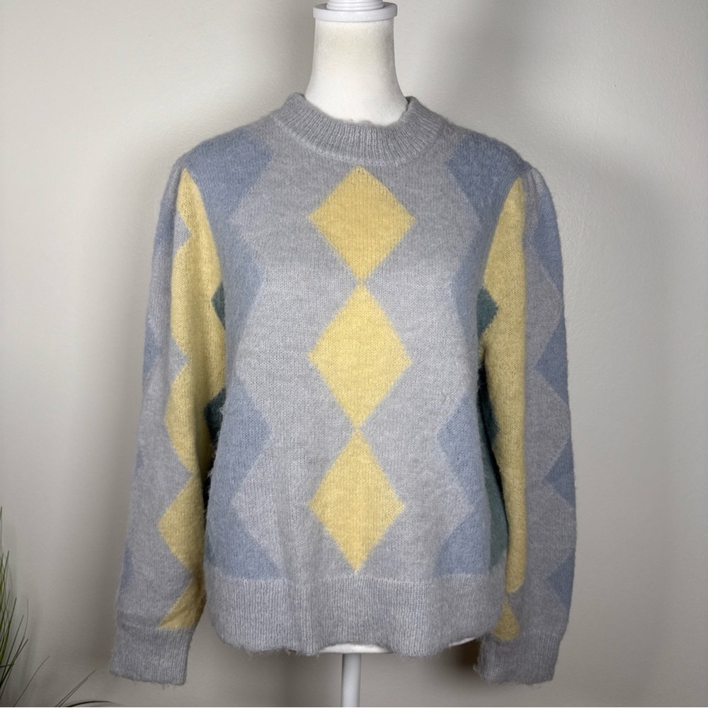 J. Crew Diamond Checked Crewneck Sweater Alpaca Wool Blend Women’s Size Medium - Picture 2 of 11